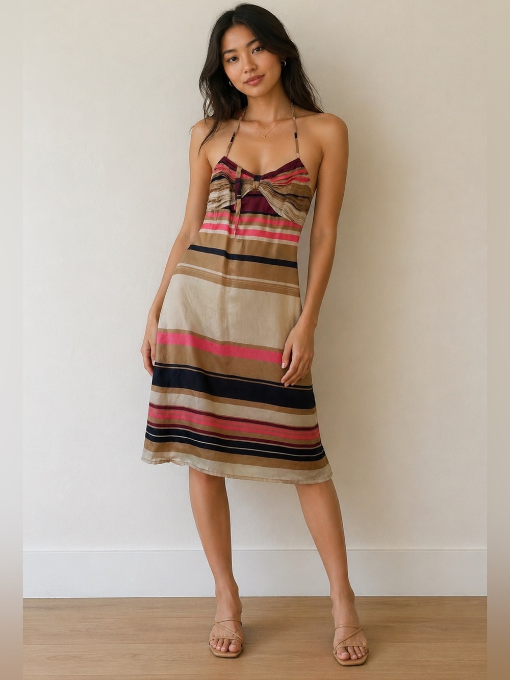 Striped Halter Sundress in Beige, Pink and Black
Size S